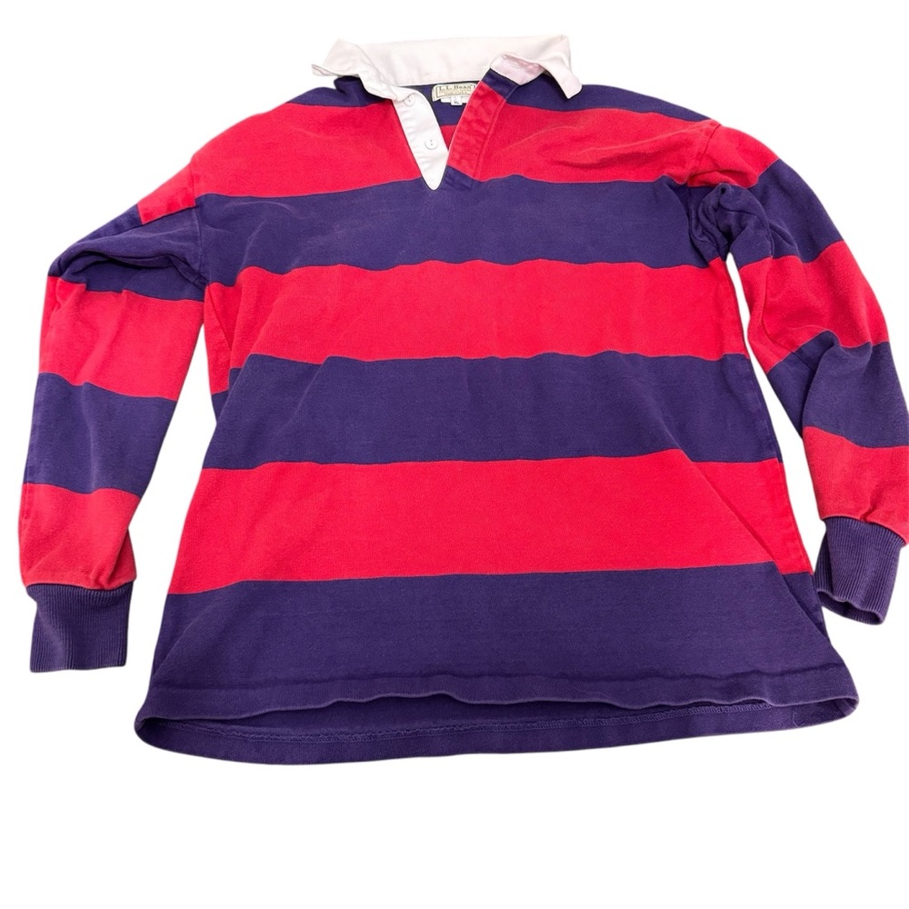 USA Made VTG LL Bean Purple/Red Wide Thick Stripe L/S Rugby Jersey Shirt - XL
